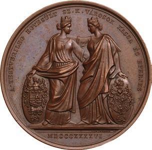 Bronzérem /Bronzemedaille/ (Cu) 1846 Kassa és Eperjes /Kaschau, Preschau/ Av: két antik öltözetû nô áll egymást átkarolva, egyikük Kassa, másik Eperjes ovális címerpajzsát tartja, a talapzaton jobbra