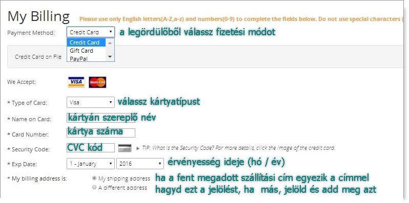 Fizetési adatok megadása: Jelenleg