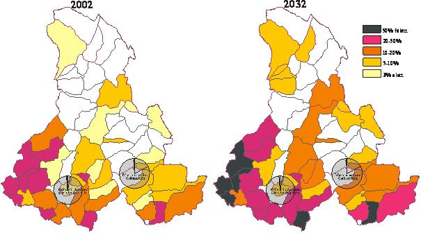 94. ProporŃia romilor în anul 2002 şi în 2032 în comunele şi oraşele judeńului Harghita Pe harta de mai sus am prezentat pe comune, evoluńia proporńiei romilor.