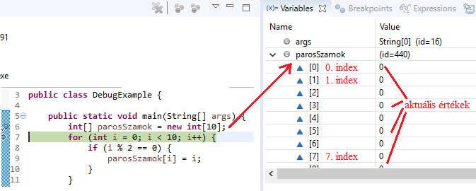 Java SE programozási alapok struktúrált programozás A harmadik lépésben kezdjük el a Debug ot. Kattintsunk a kód ablakba, a kódsorba, hogy ott legyen a kurzor (tetszőleges helyen lehet).