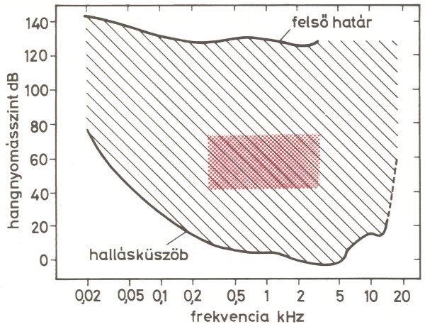 Hallástartomány: 20-20 000 Hz (0-120 db) Beszédtartomány: 250 4 000 Hz (30-65 db) Hallásküszöb: 2000 Hz-en 20 µpa (0 db) Infrahang: 20 Hz alatt (elefánt, bagoly) Ultrahang: 20 000 Hz felett (denevér,