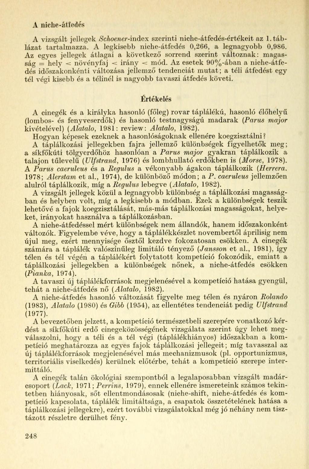 A niche-átfedés A vizsgált jellegek Schoener-index szerinti niche-átfedés-értékeit az 1. táblázat tartalmazza. A legkisebb niche-átfedés 0,266, a legnagyobb 0,986.