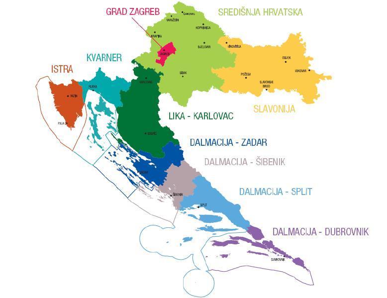 6. ábra: A horvát turisztikai régiók Forrás: HTZ (2014) A nem dalmát, tehát az isztriai és kvarneri régiók a háborús időszak alatt magasabb turisztikai mutatókat produkáltak (a viszonylag biztonságos