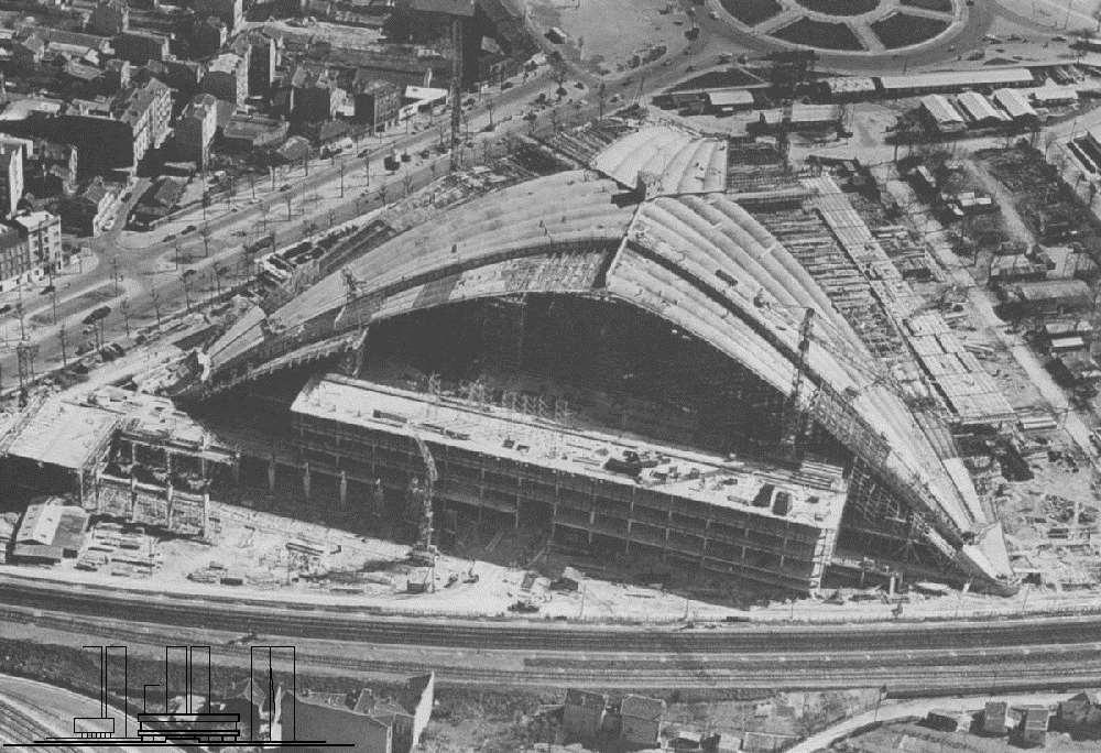 Centre des Nouvelles Industries et Technologies Parizs, Défense, 1958, Robert Camelot, Jean de Mailly, Bernard Zehrfuss építészek, Jean Prouve homlokzat, szerkezet: