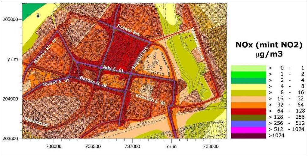 23 23. ábra Szolnok belvárosának nitrogén-oxid (NOx=NO+NO2) terheltsége 24. ábra 25.