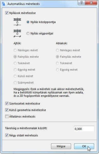 Ha egy kótavonalra merőleges fal vastagságát kell rávetíteni, nem szükséges a fal két oldalán lévő pontokra külön-külön kattintani, hanem elegendő csak egyszer a fal vonalára (a kurzoralak jelzi az