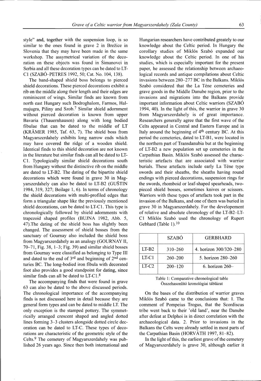 Grave of a Celtic warrior from Magyarszerdahely (Zala County) 63 style" and, together with the suspension loop, is so similar to the ones found in grave 2 in Brezice in Slovenia that they may have