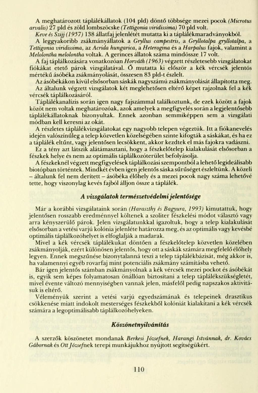 A meghatározott táplálékállatok (104 pld) döntő többsége mezei pocok (Microtus arvalis) 27 pld és zöld lombszöcske (Tettigonia viridissima) 70 pld volt.