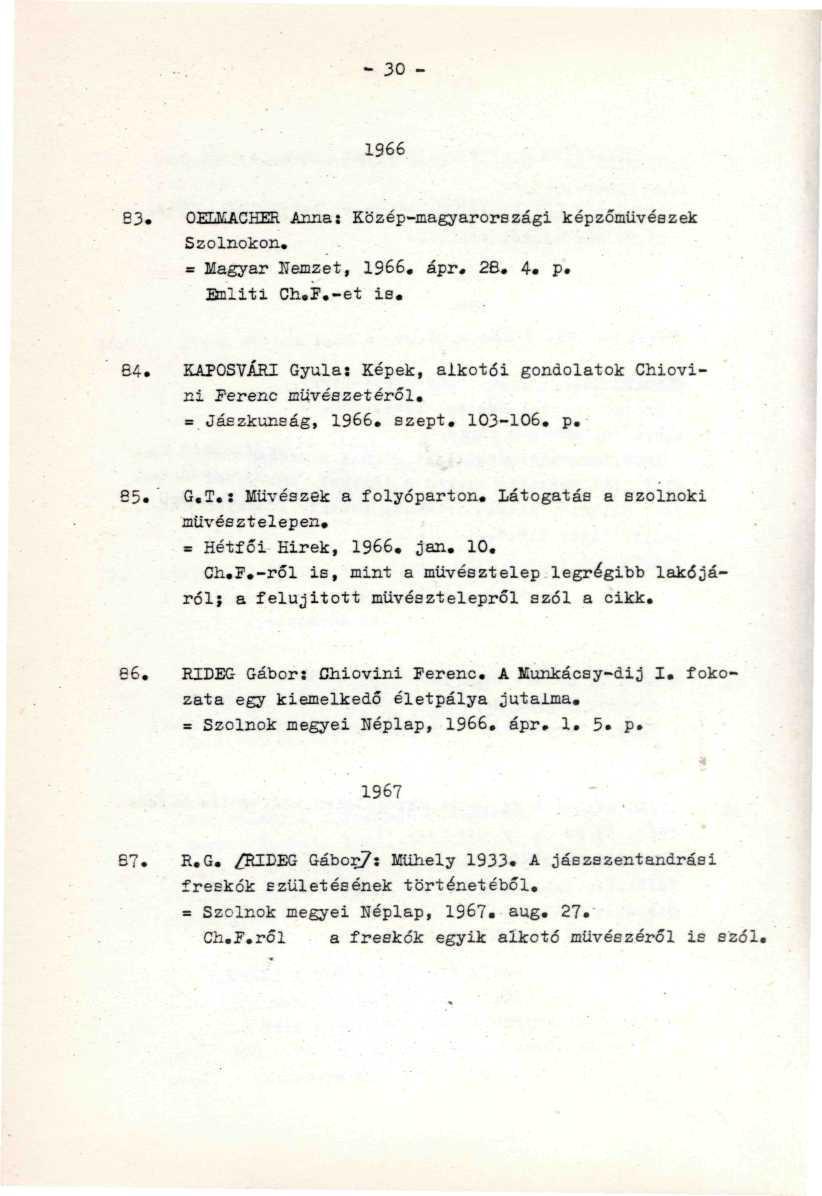 - 30-1966 83. OELMACHER Anna: Közép-magyarországi képzőművészek Szolnokon. = Magyar Nemzet, 1966. ápr. 28. 4. p. Buliti Ch.F.-et is. 64.