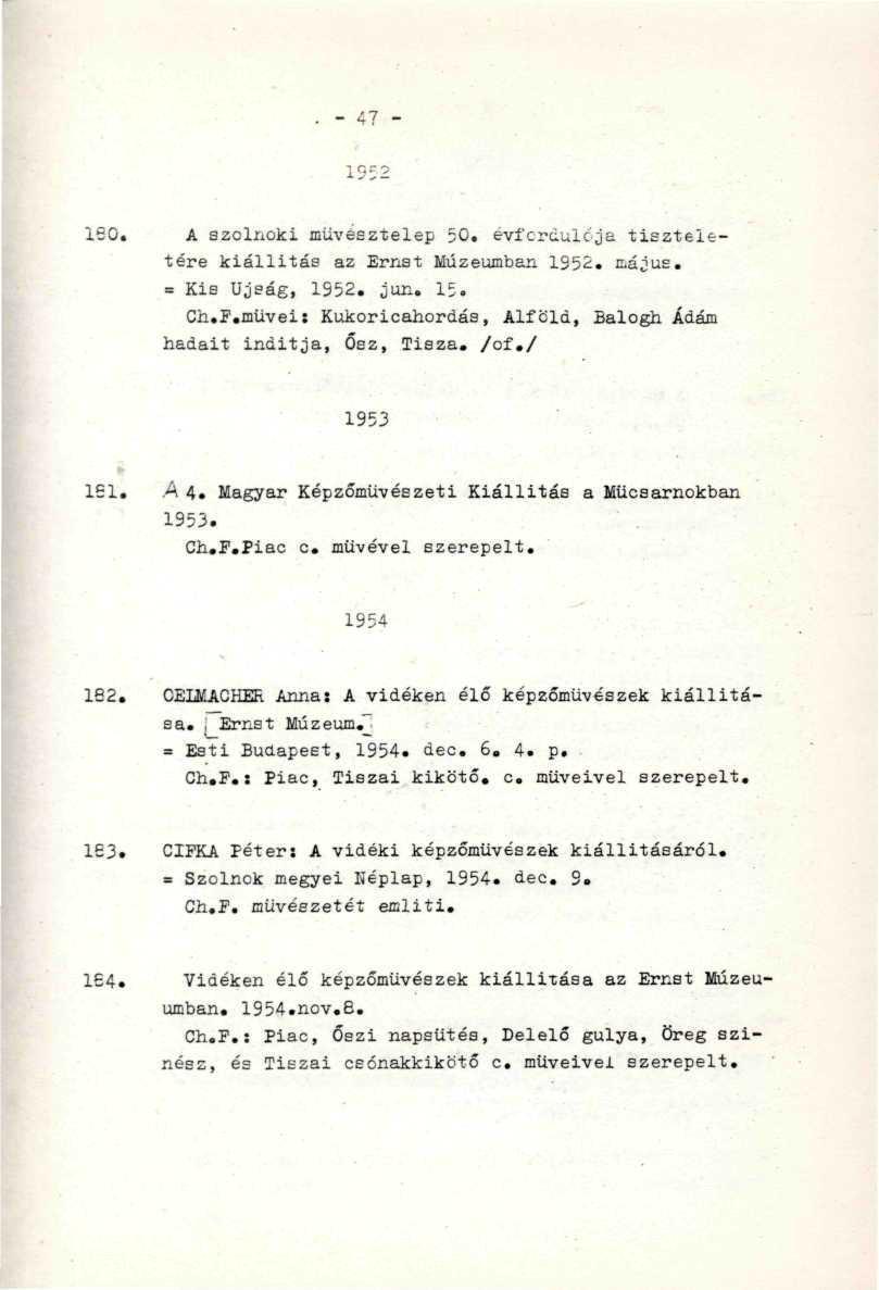 . - 47-160. A szolnoki müvesztelep 50. eví'crdulcja tiszteletére kiállitás az Ernát Múzeumban 1952. cájue. = Kis Újság, 1S52. jun. 15. Ch.F.