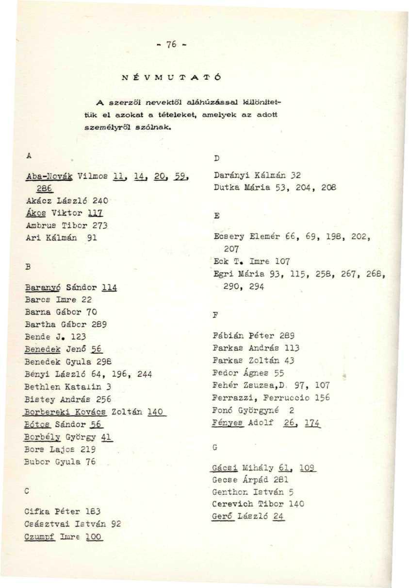 - 76 - NÉVMUTATÓ A szerzői nevektől aláhúzással különítettük el azokat a tételeket, amelyek az adott személyről szólnak. Aba-Iicvák Vilmos _!