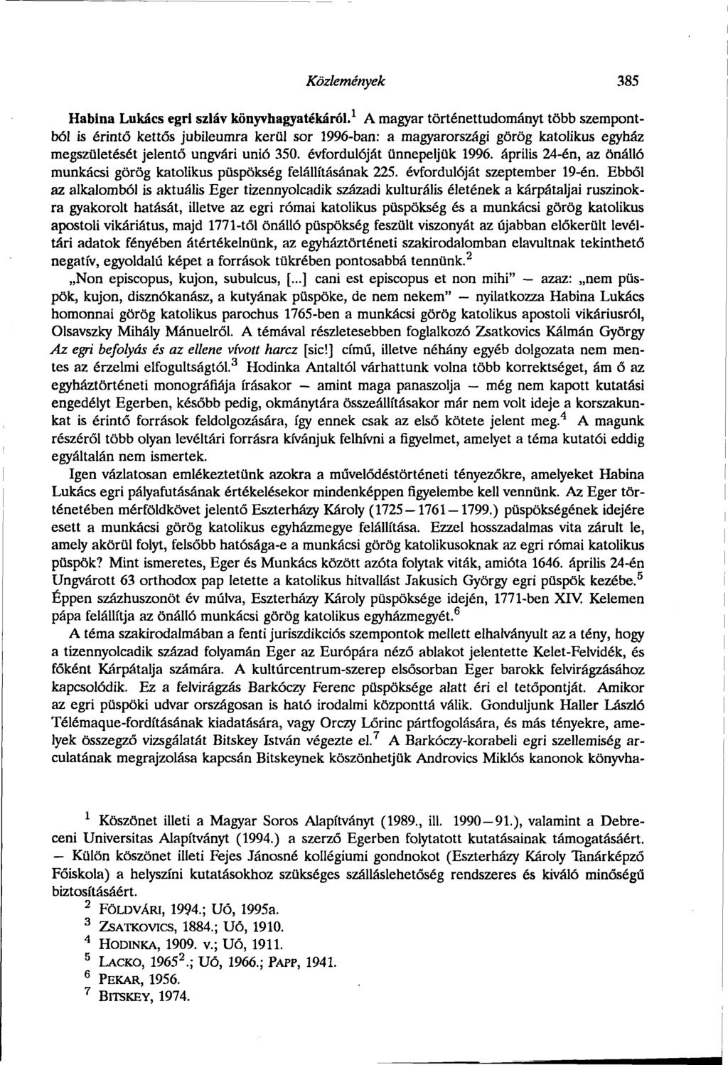 Közlemények 385 Habina Lukács egri szláv könyvhagyatékáról.
