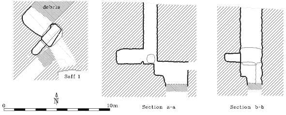 (~220 x 180 cm), illetve egy további, loculus-jellegű, egy koporsó befogadására alkalmas vájat szolgálhatott a temetkezés befogadására (10 11. kép).