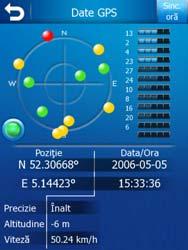Date GPS afişate Cerul virtual din stânga reprezintă partea momentan vizibilă a cerului de deasupra, cu poziţia dumneavoastră în centru. Sateliţii sunt afişaţi în poziţiile lor curente.