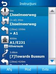 Instrucţiuni: atingând odată butonul Mod, veţi vedea o listă de evenimente la care va trebui să fiţi atenţi, adică, lista manevrelor pe durata traseului.