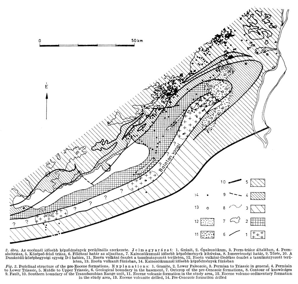 2. ábra. Az eocénnél idősebb képződmények periklinális szerkezete. Jelmagyarázat: 1. Gránit, 2. Ópaleozóikum, 3. Perm-triász általában, 4. Permalsótriász, 5. Középső-felsŐ triász, 6.