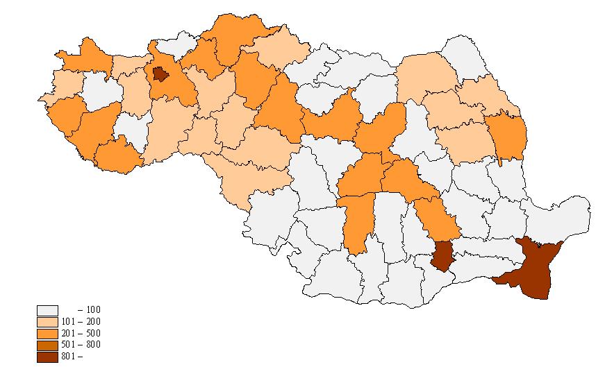 Capacitatea de cazare în județele României şi Ungariei la nivelul anului 2008 Numărul