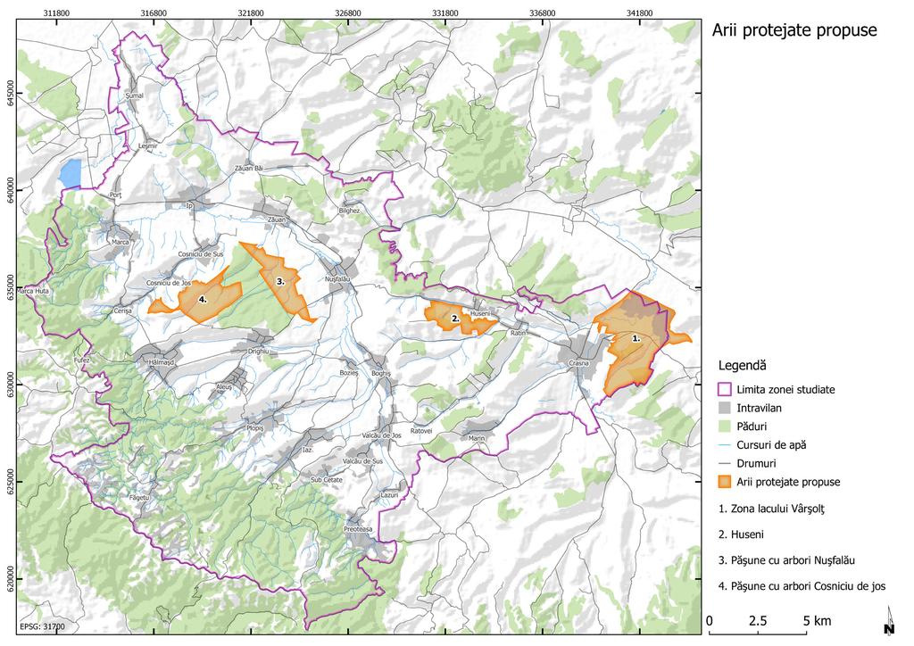 Arii protejate propuse În zona studiată sunt două rezervații naturale (Pădurea Lapiș și Mlaștina de la Iaz) și un sit Natura 2000 (Muntele Şes - ROSCI0322).