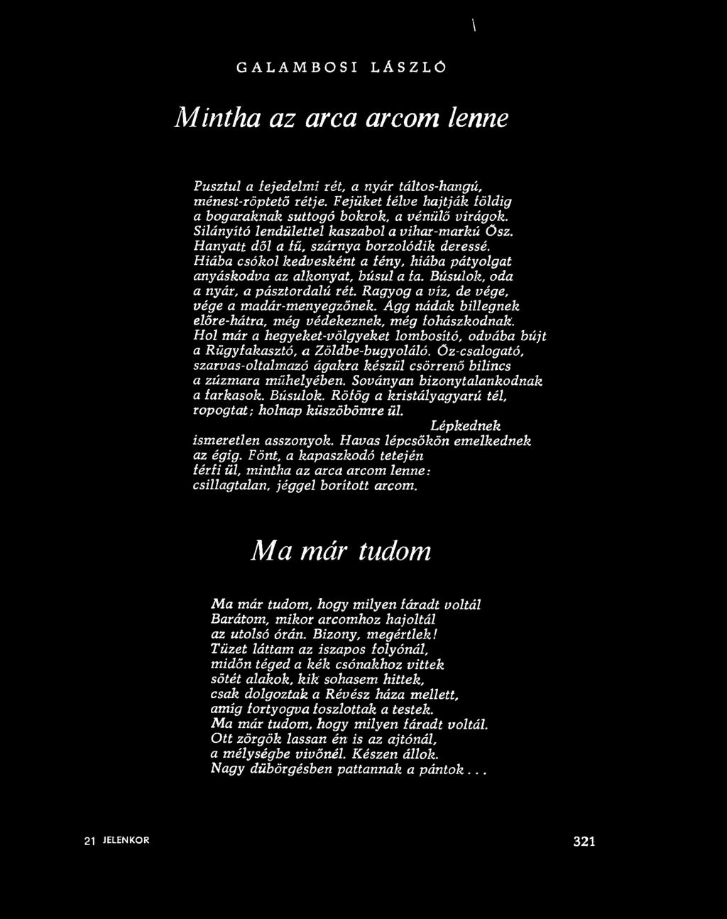 Hiába csókol kedvesként a fény, hiába pátyolgat anyáskodva az alkonyat, búsul a fa. Búsulok, oda a nyár, a pásztordalú rét. Ragyog a víz, de vége, vége a madár-menyegzőnek.