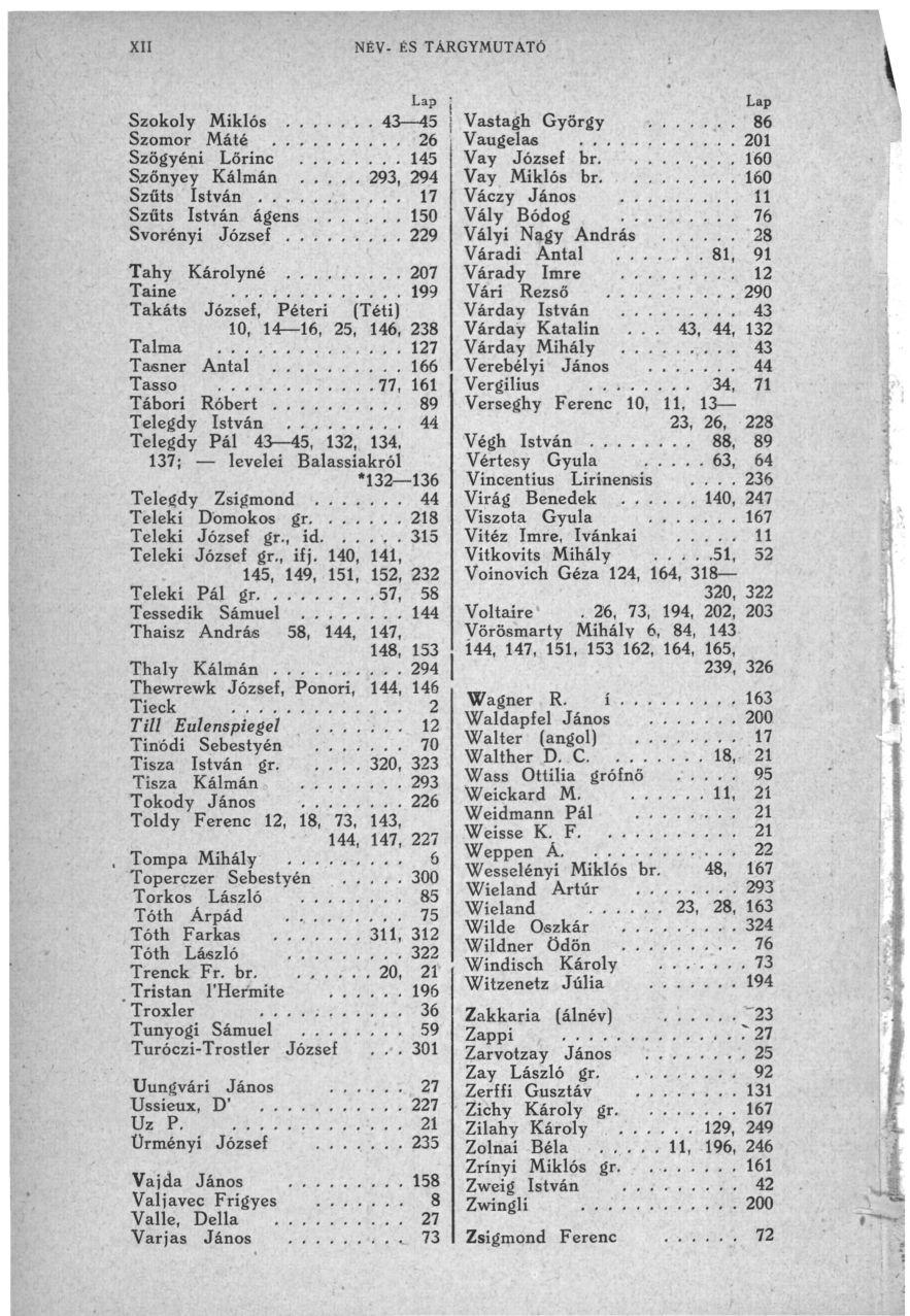 NÉV- ÉS TÁRGYMUTATÓ Szokoly Miklós 43 45 Szomor Máté 26 Szögyéni Lőrinc 145 Szőnyey Kálmán..,.. 293, 294 Szűts István 17 Szűts István ágens.