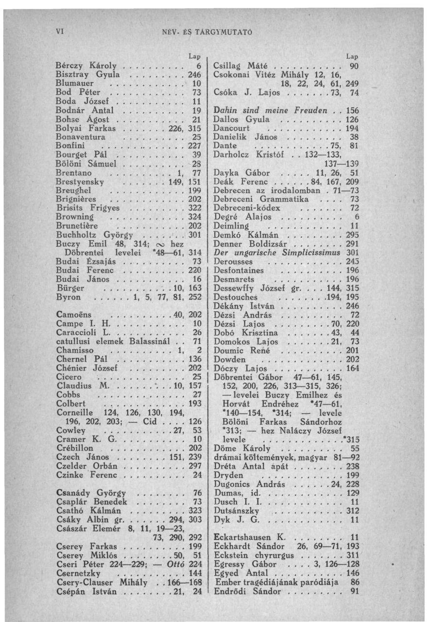 NÉV- ÉS TÁRGYMUTATÓ Bérczy Károly 6 Bisztray Gyula... 246 Blumauer 10 Bod Péter 73 Boda József 11 Bodnár Antal 19 Bohse Ágost 21 Bolyai Farkas.