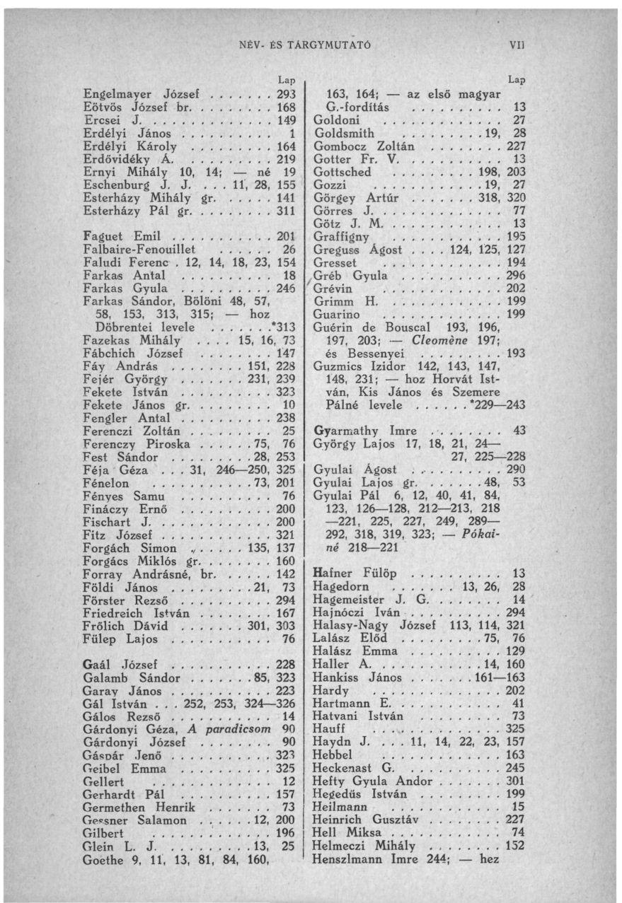 NÉV- ÉS TÁRGYMUTATÓ VII Engelmayer József... 293 Eötvös József br 168 Eresei J 149 Erdélyi János., 1 Erdélyi Károly 164 Erdővídéky Á, 219 Ernyí Mihály 10, 14; né 19 Eschenburg J. J.... 11, 28, 155 Esterházy Mihály gr 141 Esterházy Pál gr 311 Faguet Emil 201 Falbaire-Fenouillet 26 Faludi Ferenc.