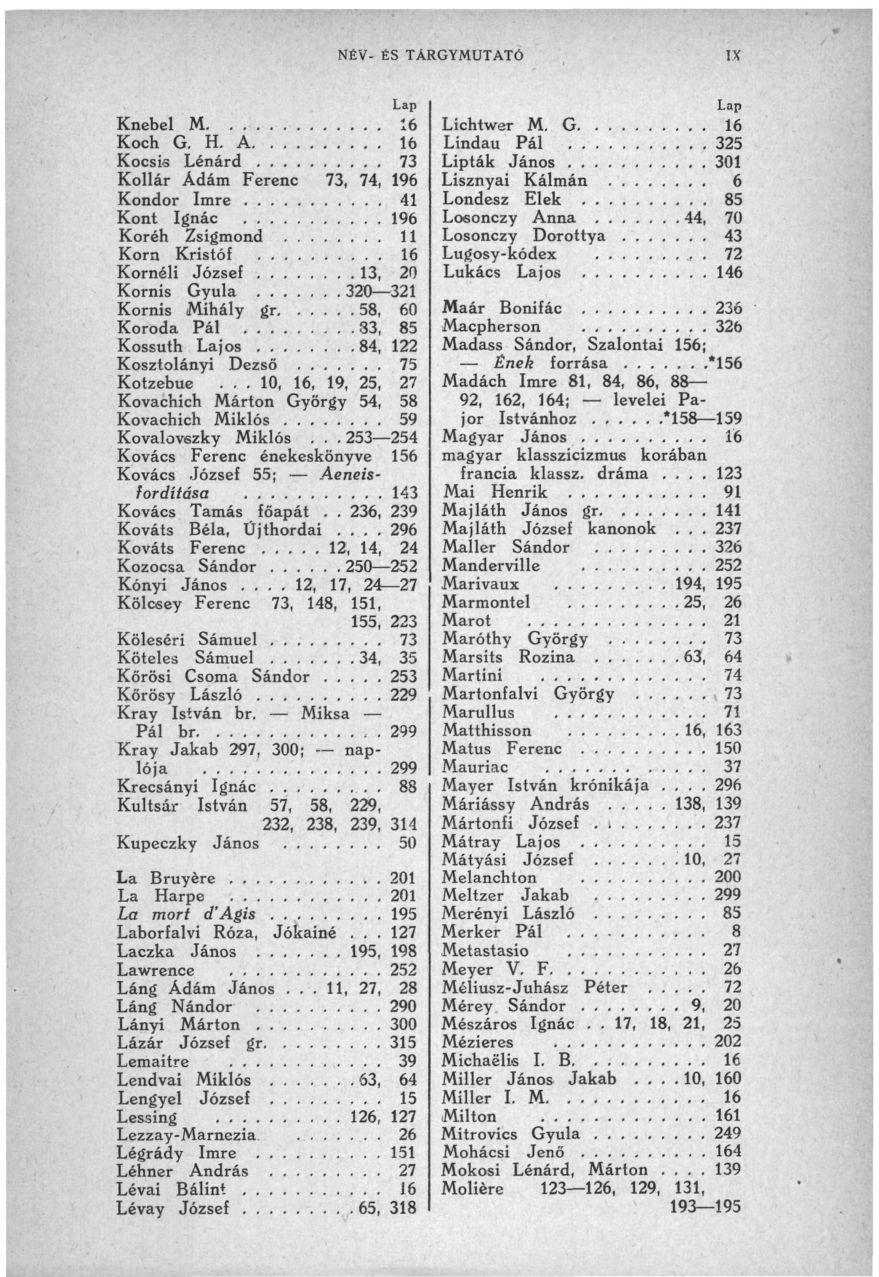 NÉV- ÉS TÁRGYMUTATÓ!X Knebel M 16 Koch G. H. A 16 Kocsis Lénárd.