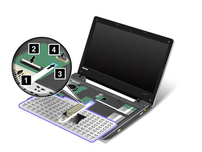 A billentyűzet ekkor enyhén felnyílik 2. 7. Szerelje ki a 2 és 4 kábeleket, ehhez fordítsa fel az 1 és 3 csatlakozót.