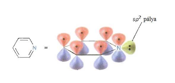 Piridin 6 elektron 6 atomon = az aromás elektronrendszert a N-atom maga felé húzza, a C-atomoknak kisebb lesz az elektronsűrűsége, dezaktivált lesz a gyűrű aromás elektrofil