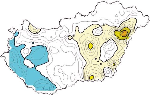 3. ábra A nehézségi erőtér változása a felszínmozgás következtében μgal/10 év egységben Geodézia és kartográfia A sűrűségváltozások hatása szintén jelentős lehet.