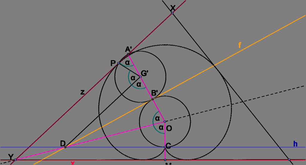 Vegyük fel az alapkör C pontbeli érintőjét, ami párhuzamos a háromszög x oldalával. Ezt a párhuzamost nevezzük h-nak. Kössük össze a háromszög Y csúcsát a kardioid O középpontjával.
