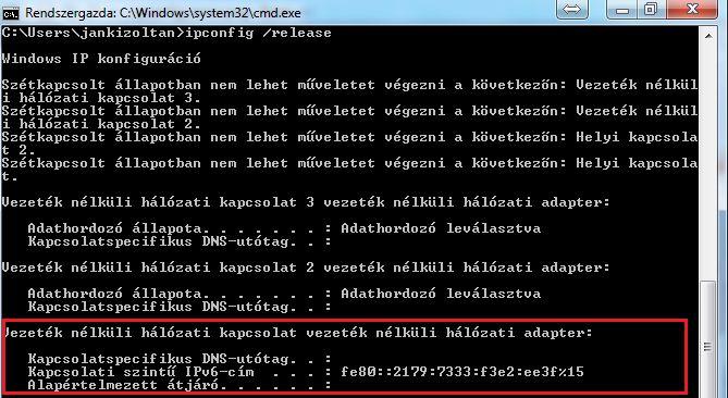 Lássuk a két parancs kimenetét a Parancssorban! 12. ábra ipconfig /release 13.