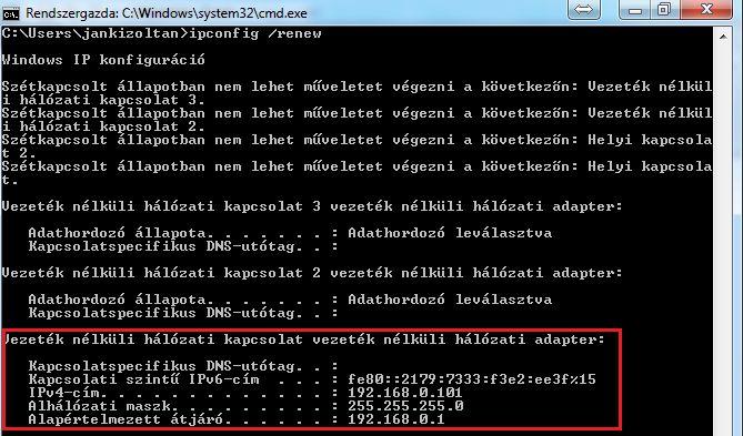 nélküli adapterhez volt hozzárendelve IP-cím, és azt sikeresen felszabadítottuk az ipconfig