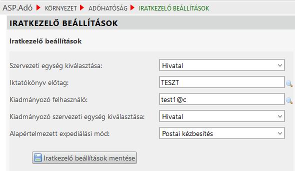 1.2 Az Adó szakrendszerben az Iratkezelő beállítások Menüpont: Környezet/Adóhatóság/Iratkezelő beállítások - Szervezeti egység: az önkormányzat adó ügyintézőinek szervezeti egysége - Iktatókönyv