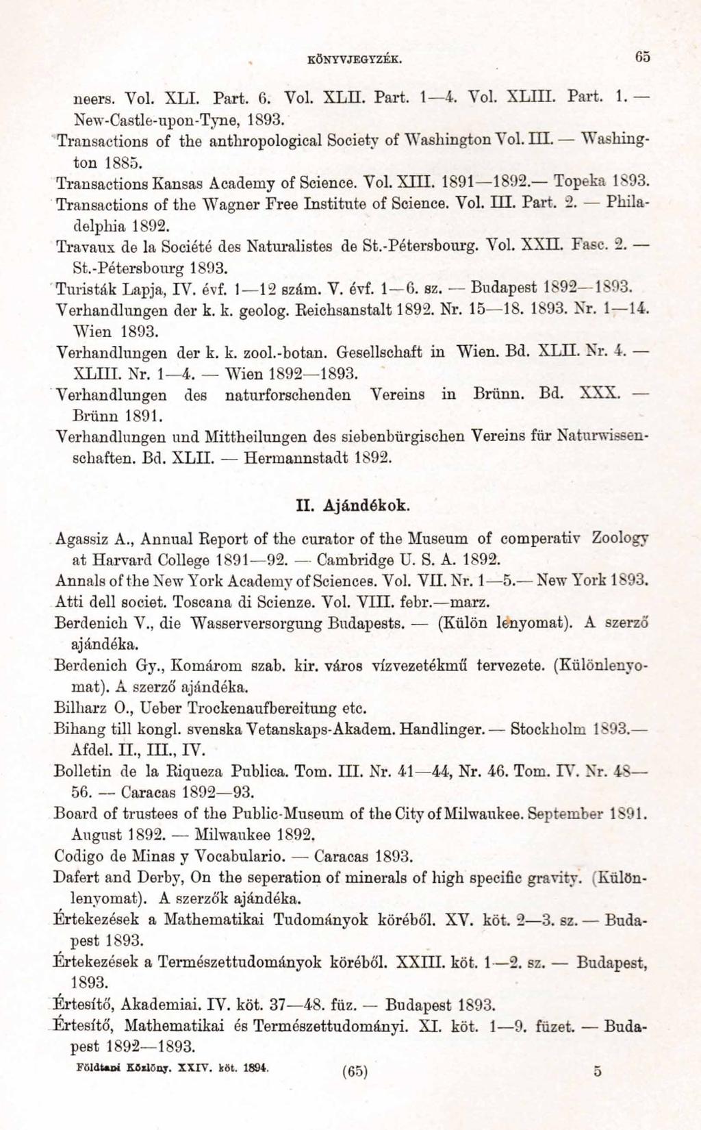 KÖNYVJEGYZÉK. 6 5 neers. Vol. XLI. Part. 6. Yol. XLII. Part. 1 4. Yol. XLIII. Part. 1. New-Castle-upon-Tyne, Transactions of the anthropological Society of Washington 4 ol. III. Washington 1885.