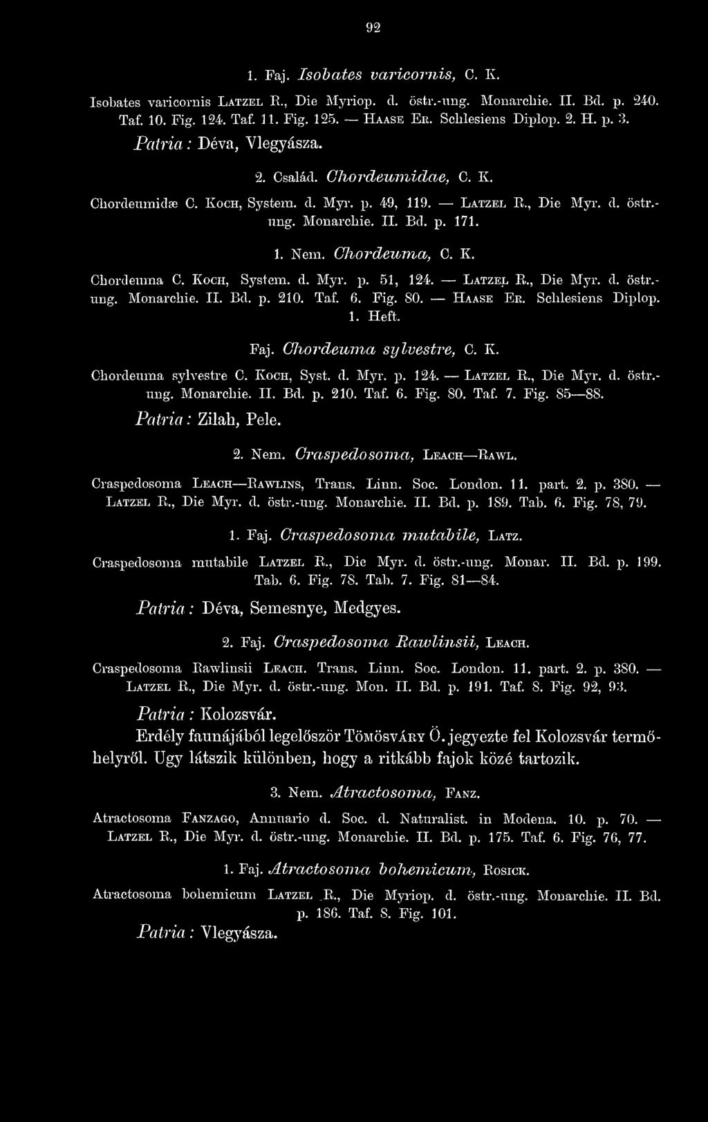 Koch, System, d. Myr. p. 51, 124. Latzel R., Die Myr. d. östr.- ung. Monarchie. IL Bd. p. 210. Taf. 6. Fig. 80. Haase Ee. Schlesiens Diplop. 1. Heft. Faj. Chordeuina sylvestre, C. K.