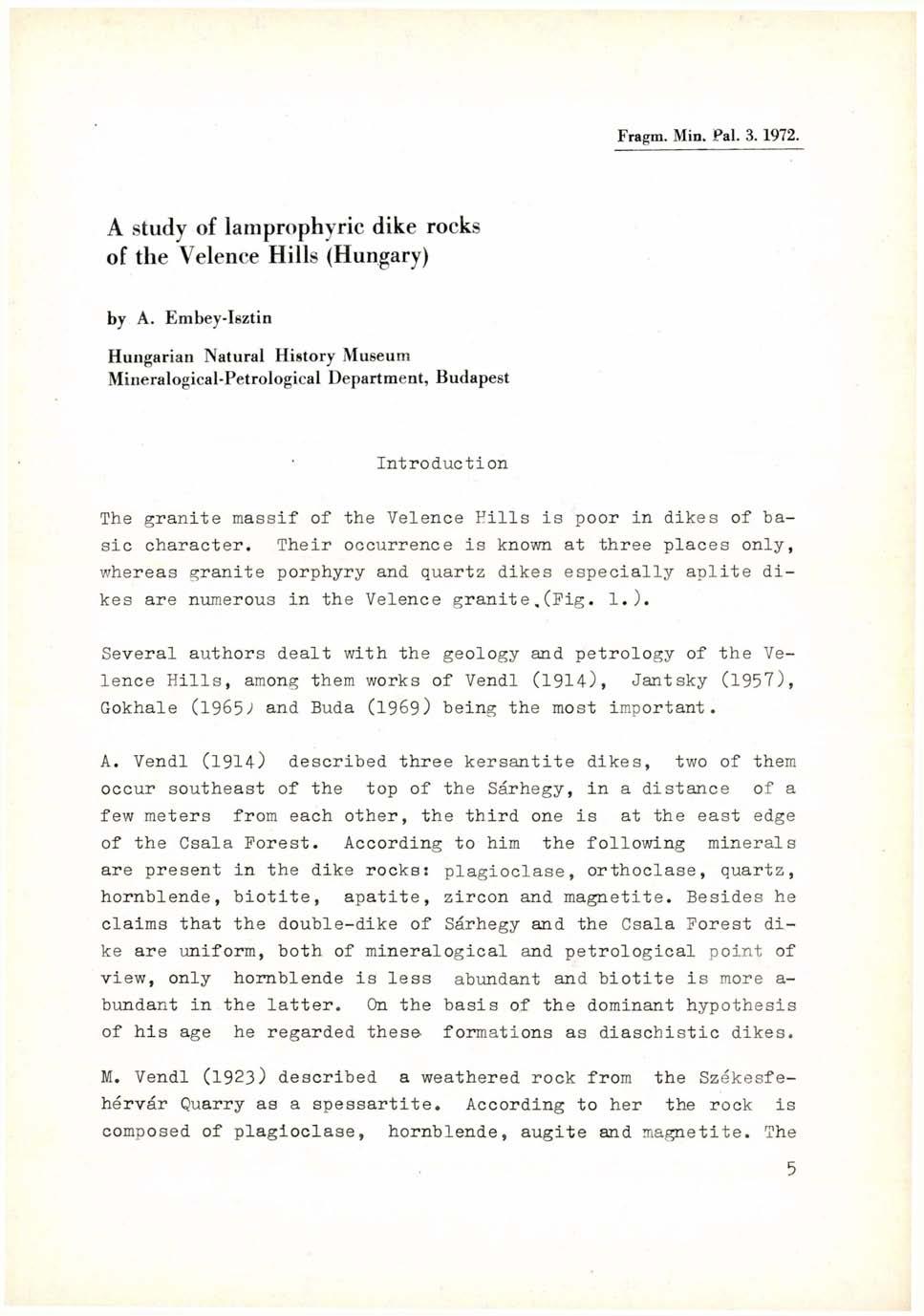 Fragm. Min. Pal. 3. 1972. A study of lamprophyric dike rocks of the Velence Hills (Hungary) by A.