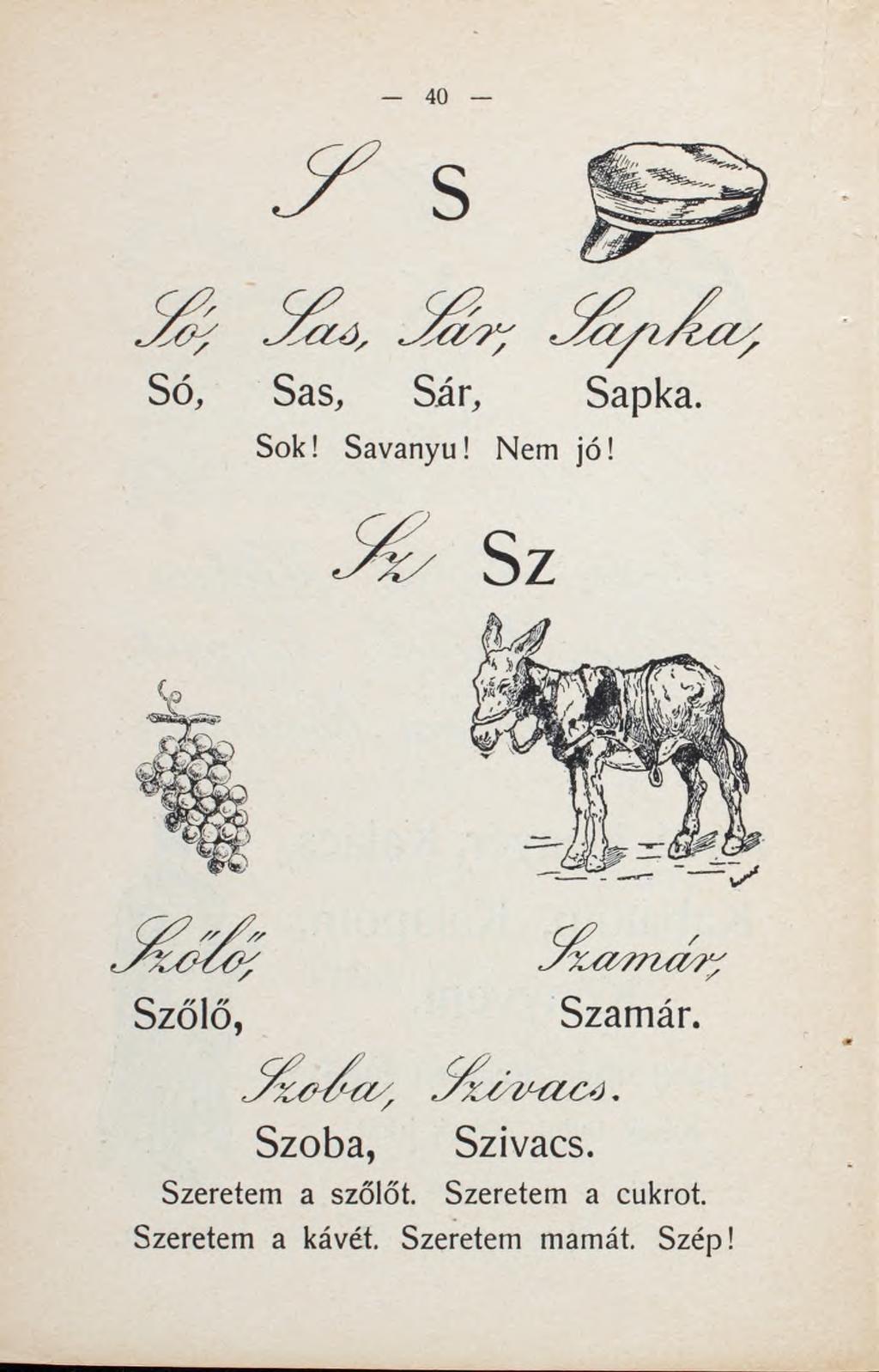 s Só, Sas, Sár, Sapka. Sok! Savanyu! Nem jó! Sz Szoba, Szivacs.