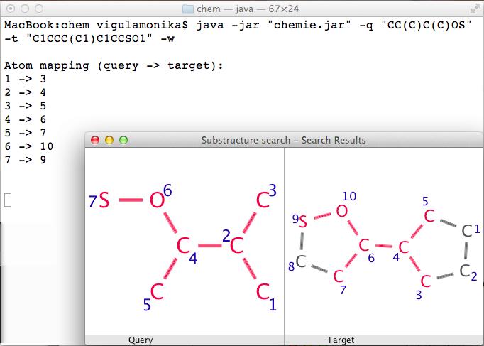 1.10. ábra. A program egy lehetséges kimenete Előszűrés Molecule query = MolImporter.importMol("CC(C)C(C)OS", "smiles"); Molecule target = MolImporter.