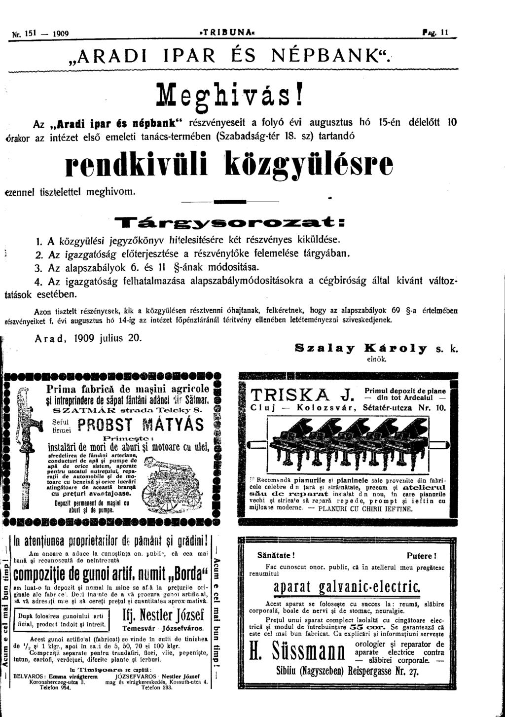 Nr. 151 _ 1909»TRI BUN Ac Pâg. H ARADI IPAR ÉS NÉPBANK". Meghívás!