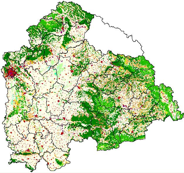 Sztochasztikus perturbáció Területhasználat t v ( [ rand] ) α = 1+ ln & szomszédsági hatás Alkalmasság & 0 0.