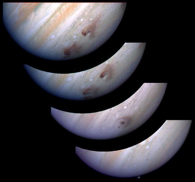 Az üstökös magja sok darabra szakadt, majd ezek becsapódtak a Jupiter felhőzetébe. (A Galileo szonda sorozatképe, NASA/JPL.