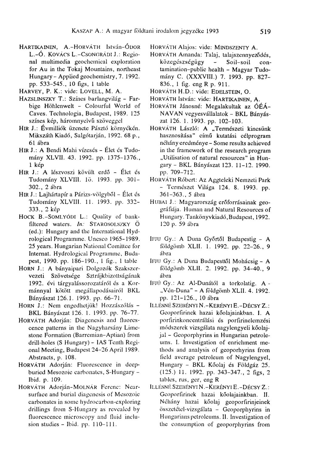 KASZAI' A.: A magyar földtani irodalomjegyzéke 1993 519 HARTKAINEN, A.-HORVÁTH István-ÓuoR L.-Ó. KOVÁCS L.-CSONGRÁDI J.