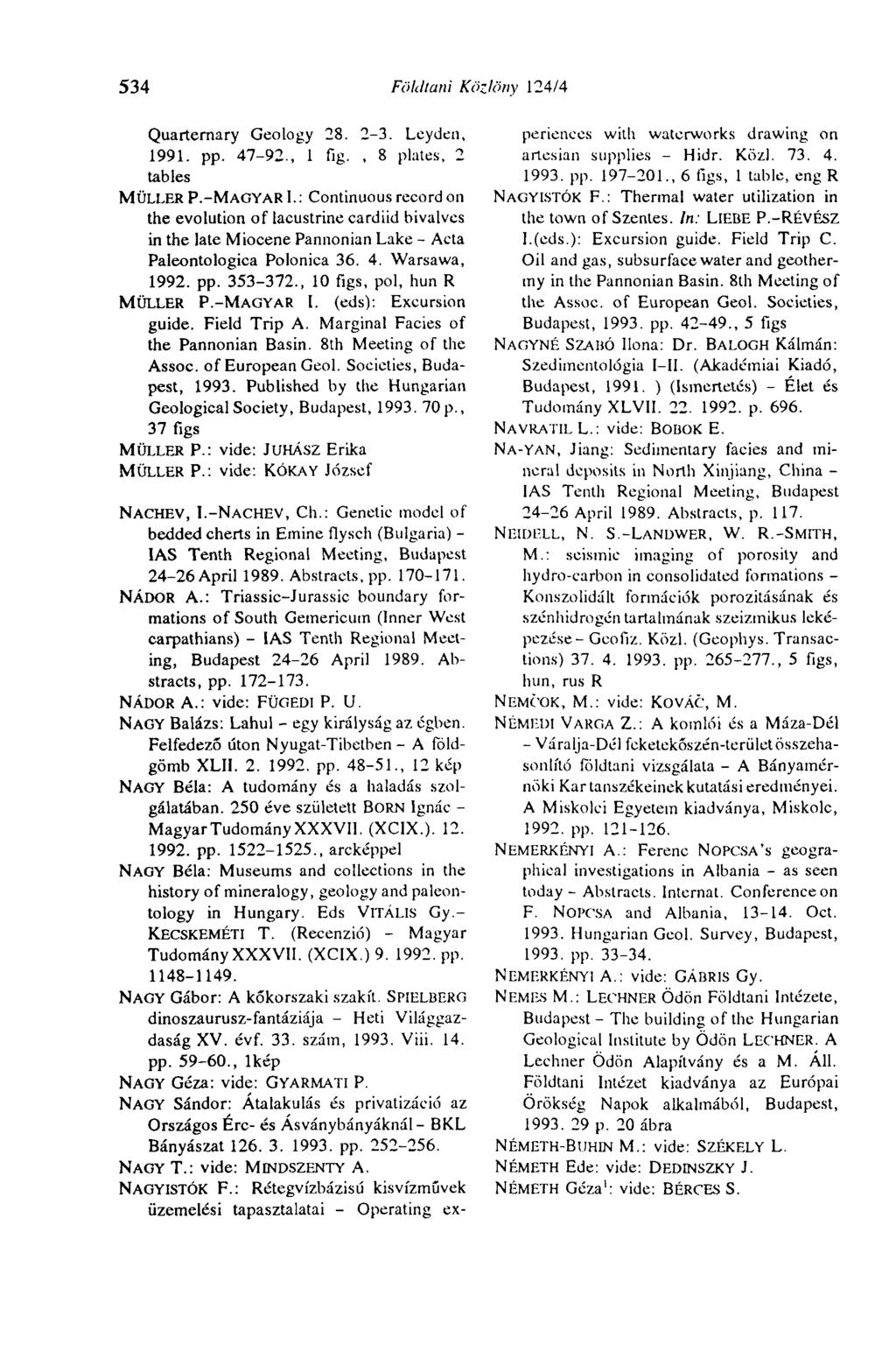534 Földtani Közlöny 124/4 Quartemary Geology 28. 2-3. Leyden, 1991. pp. 47-92., 1 fig., 8 plates, 2 tables MÜLLER P.-MAGYAR I.