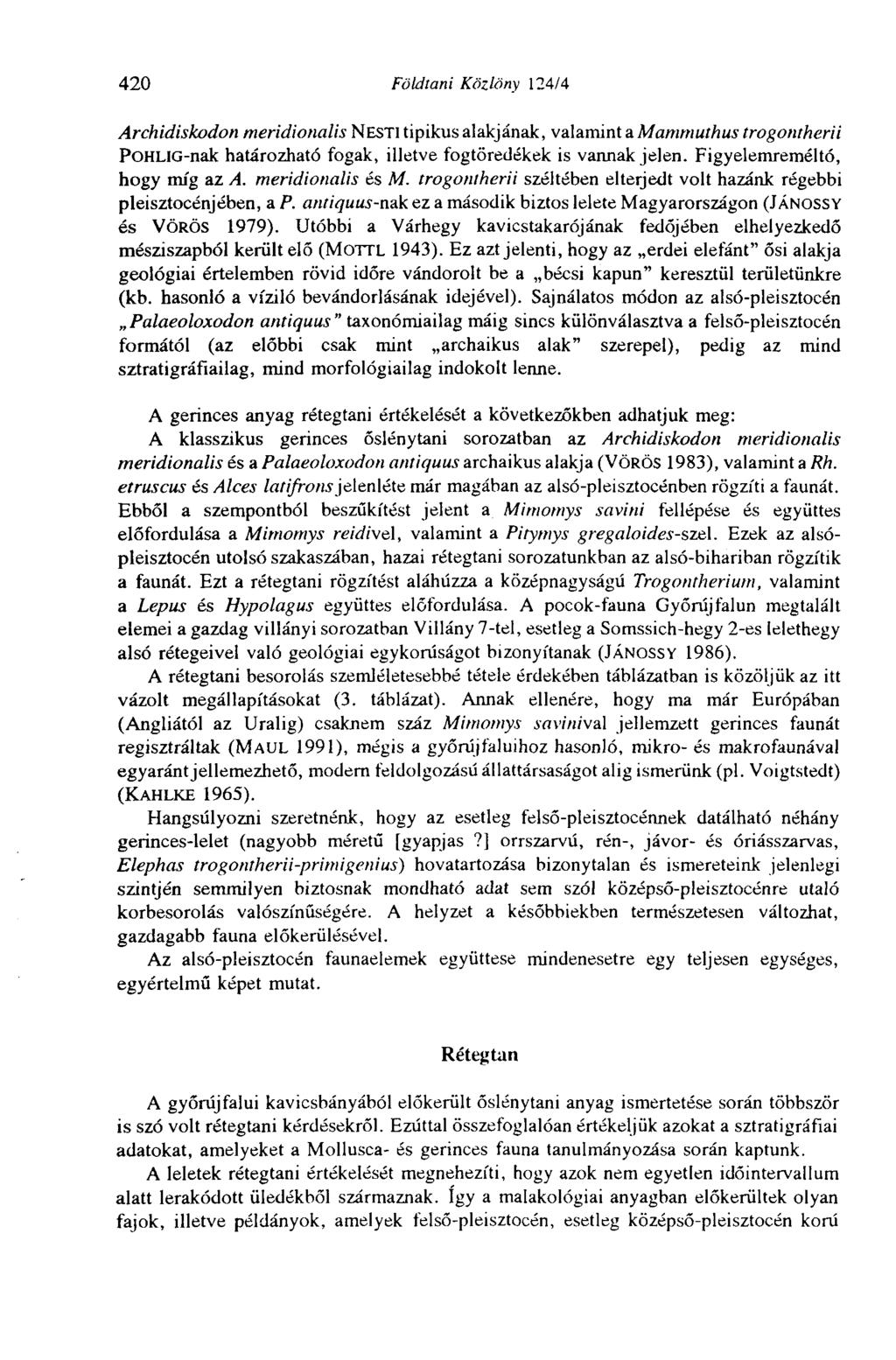 420 Földtani Közlöny 124/4 Archidiskodon meridionalis NESTI tipikus alakjának, valamint a Mammuthus trogontherii PoHLlG-nak határozható fogak, illetve fogtöretlékek is vannak jelen.