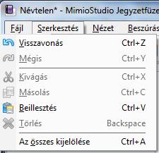 MimioStudio Jegyzetfüzet Szerkesztés menü előző művelet visszavonása, ill.