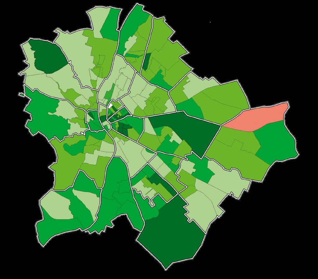 A budapesti irányítószám-szintű árváltozást a 6. térképen ábrázoltuk. A 161 irányítószám-körzetből 17-ben legalább 25%-kal nőttek az árak 2016-hoz képest tavaly (ld. sötétzöld színezés).