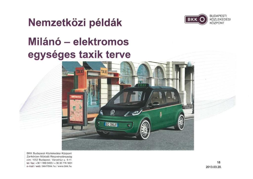 Nemzetközi példák BUDAPESTI KÖZLEKEDÉSI KÖZPONT Milánó- elektromos egységes taxik terve BKK Budapesti Közlekedési Központ Zartkörüen Müködö