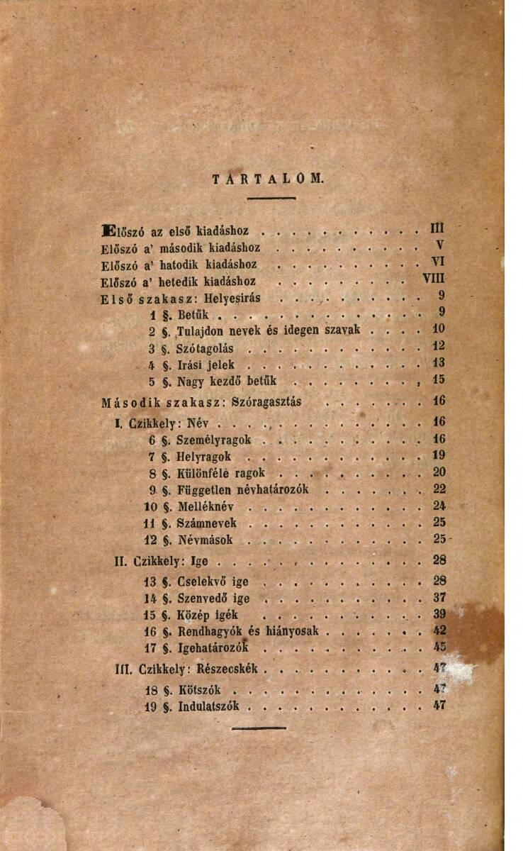 TARTALOM. Elliszó az elsö Надавив: III Elò'szó а második Надавив: V Elöszó a hatodik l1iadáshoz.... VI Elaszó a heœdik kiadäshoz..... VIII Elsò' szakasz: Helyesirás.... 9 1.Betl'ik....... 9 2.