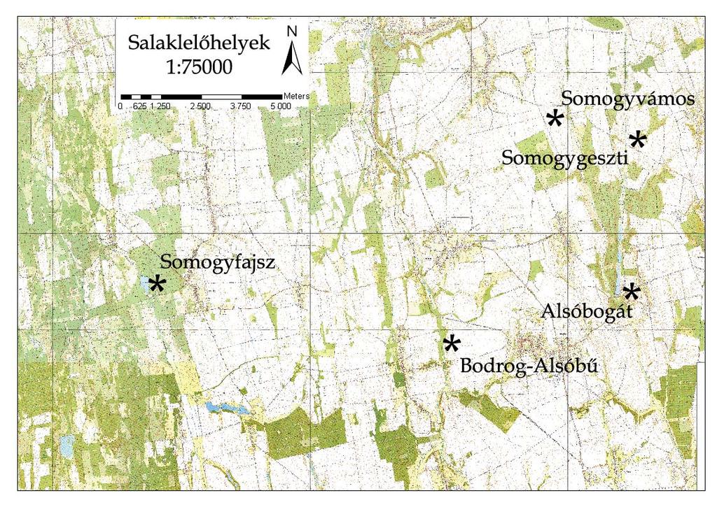 16 1. ábra: A vaskohászati műhelyek térképi elhelyezkedése, ahonnan a vizsgált salak minták származnak Fig. 1.: Location of the bloomery workshops from where slag samples were collected Salakminták